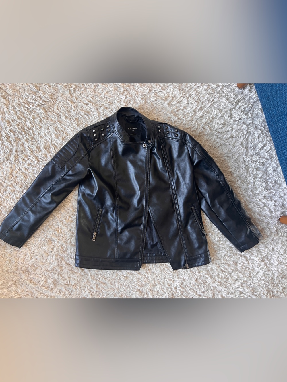 Children’s Black Faux Leather Moto Jacket with Stud Accents